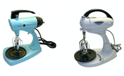 Two stand mixers, one blue and one white, on a white background.