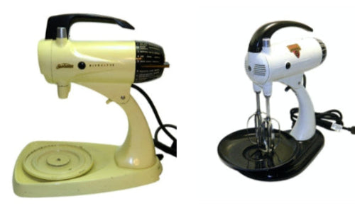 Two vintage electric mixers, one yellow and one white with black accents, on a white background.