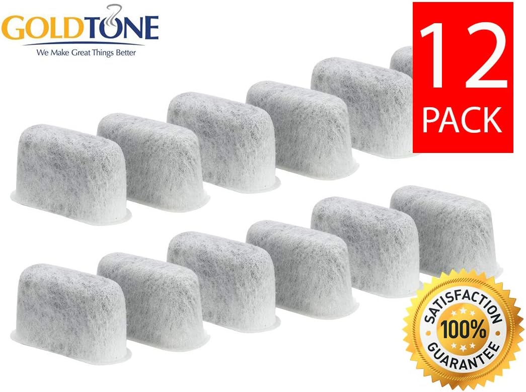 12-pack of GoldTone coffee filters with a satisfaction guarantee badge on a white background.