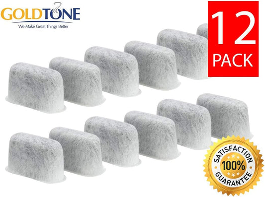 12-pack of GoldTone coffee filters with a satisfaction guarantee badge on a white background.