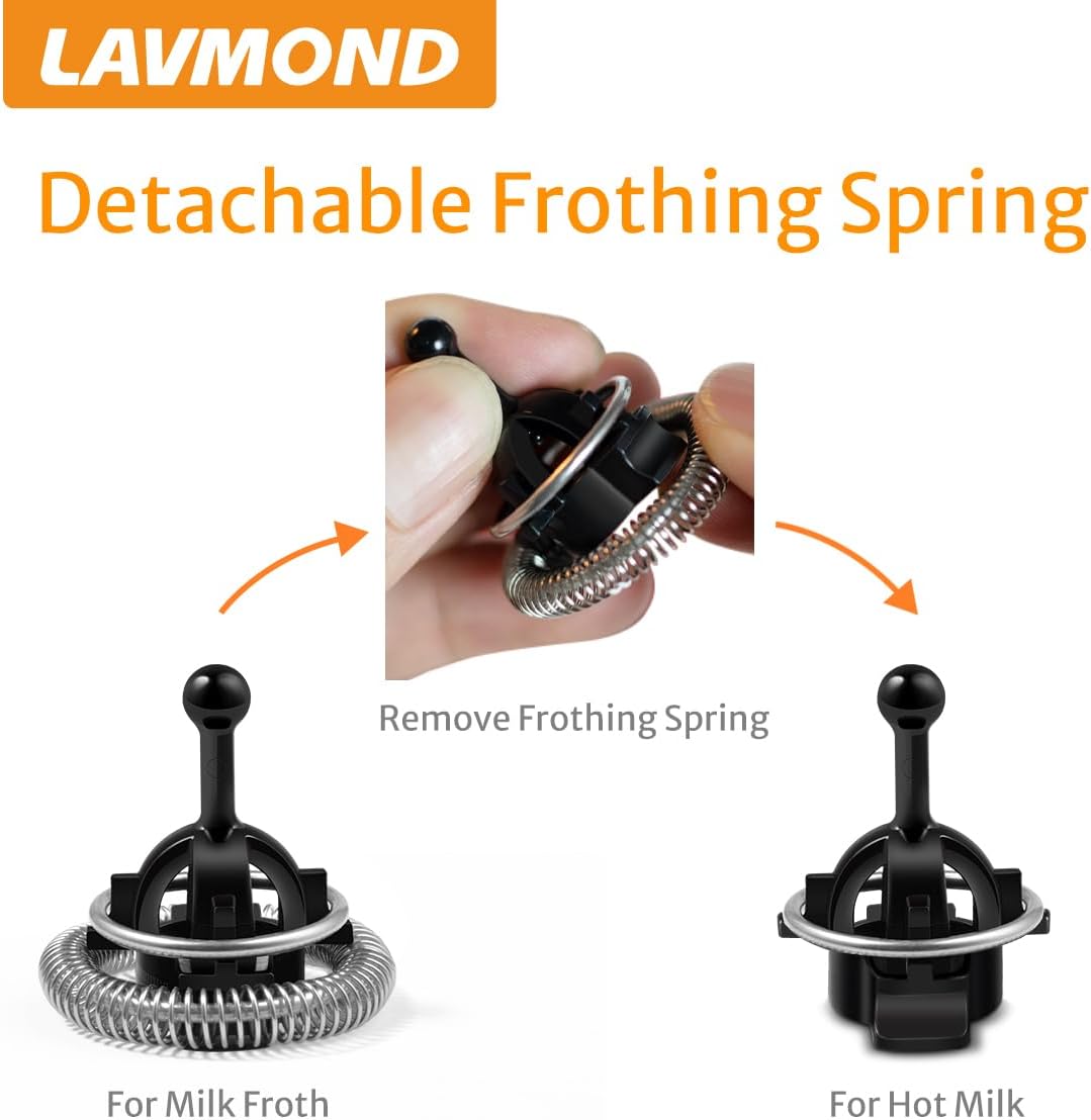 LAVMOND detachable frothing spring with a hand holding it, showing how to remove the frothing spring.