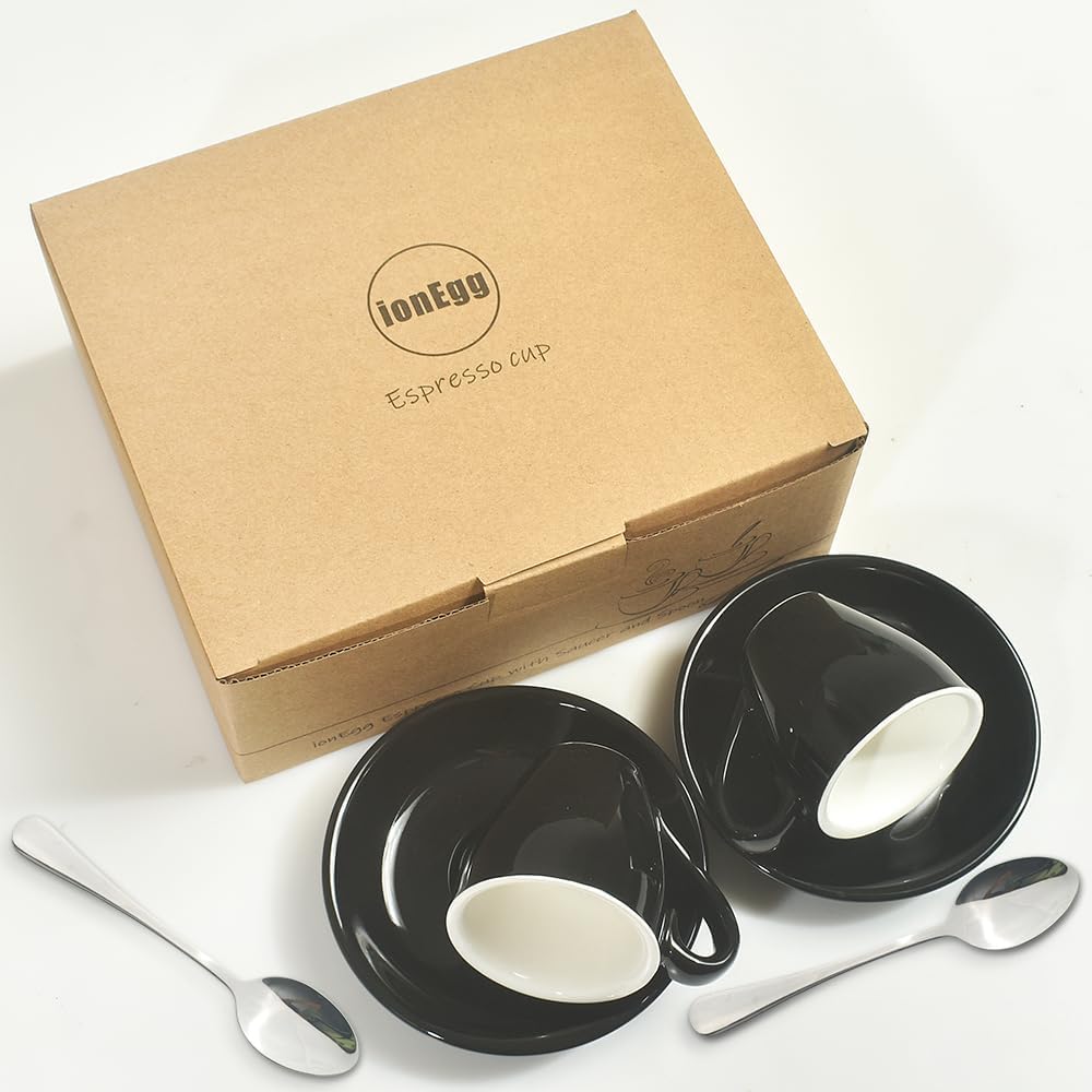 2 Porcelain Espresso Cups with Saucers And Stainless Steel Mini Spoons, 80ml/2.7Oz, Pack of 2, White or Black