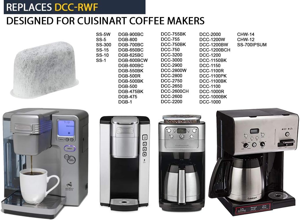Product replacement guide for Cuisinart coffee makers with various models and a filter.