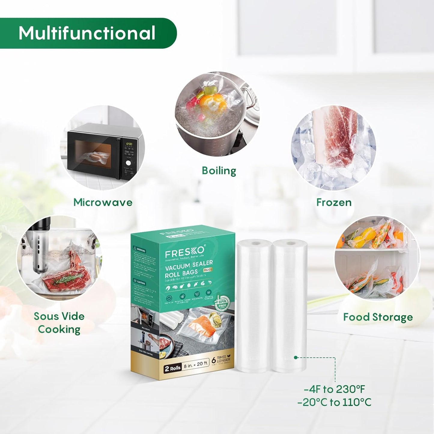 Fresko vacuum sealer roll bags packaging with usage scenarios on a white background