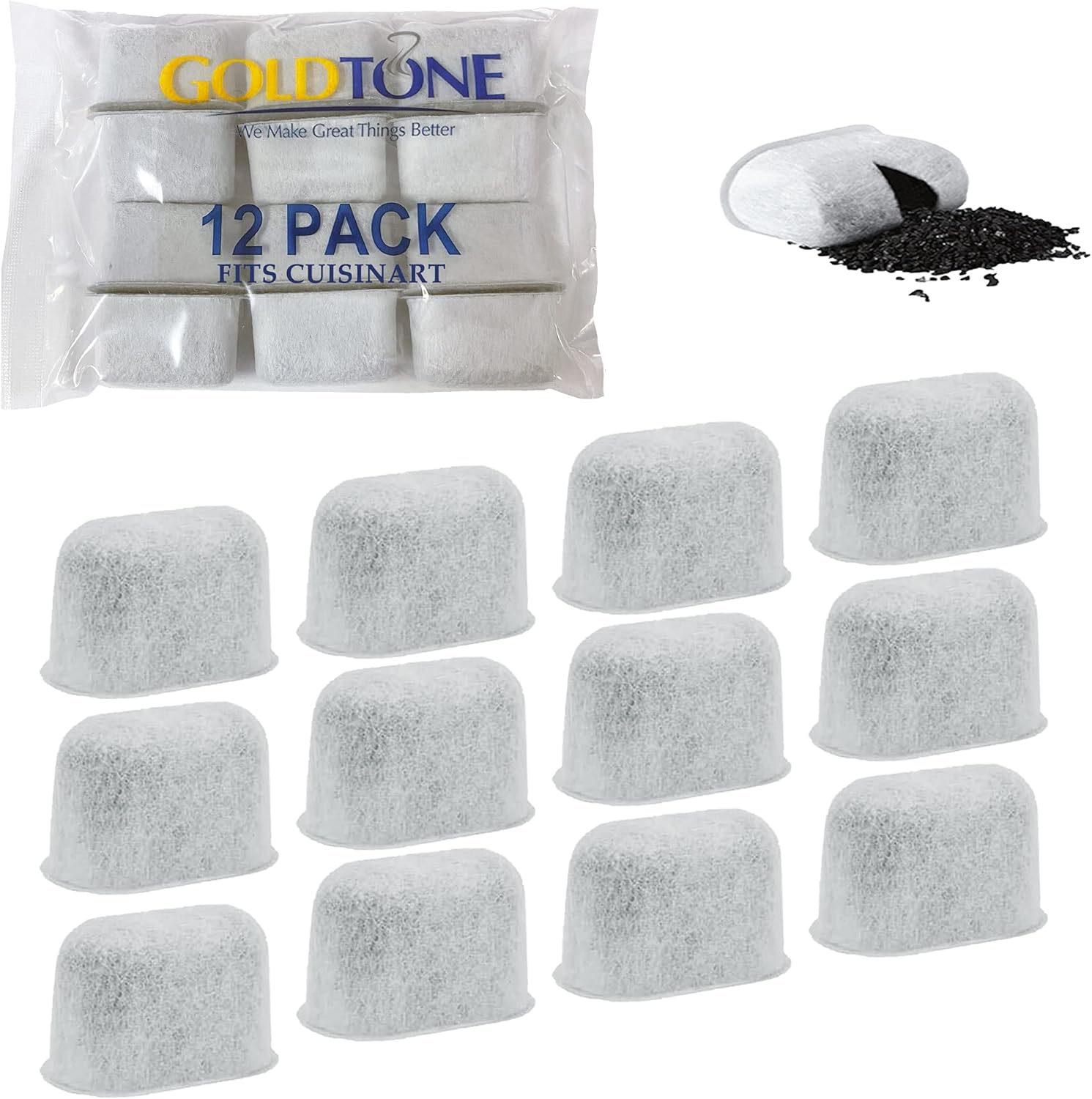 Gold Tone coffee filter pack with 12 filters and a close-up of a filter with coffee grounds.