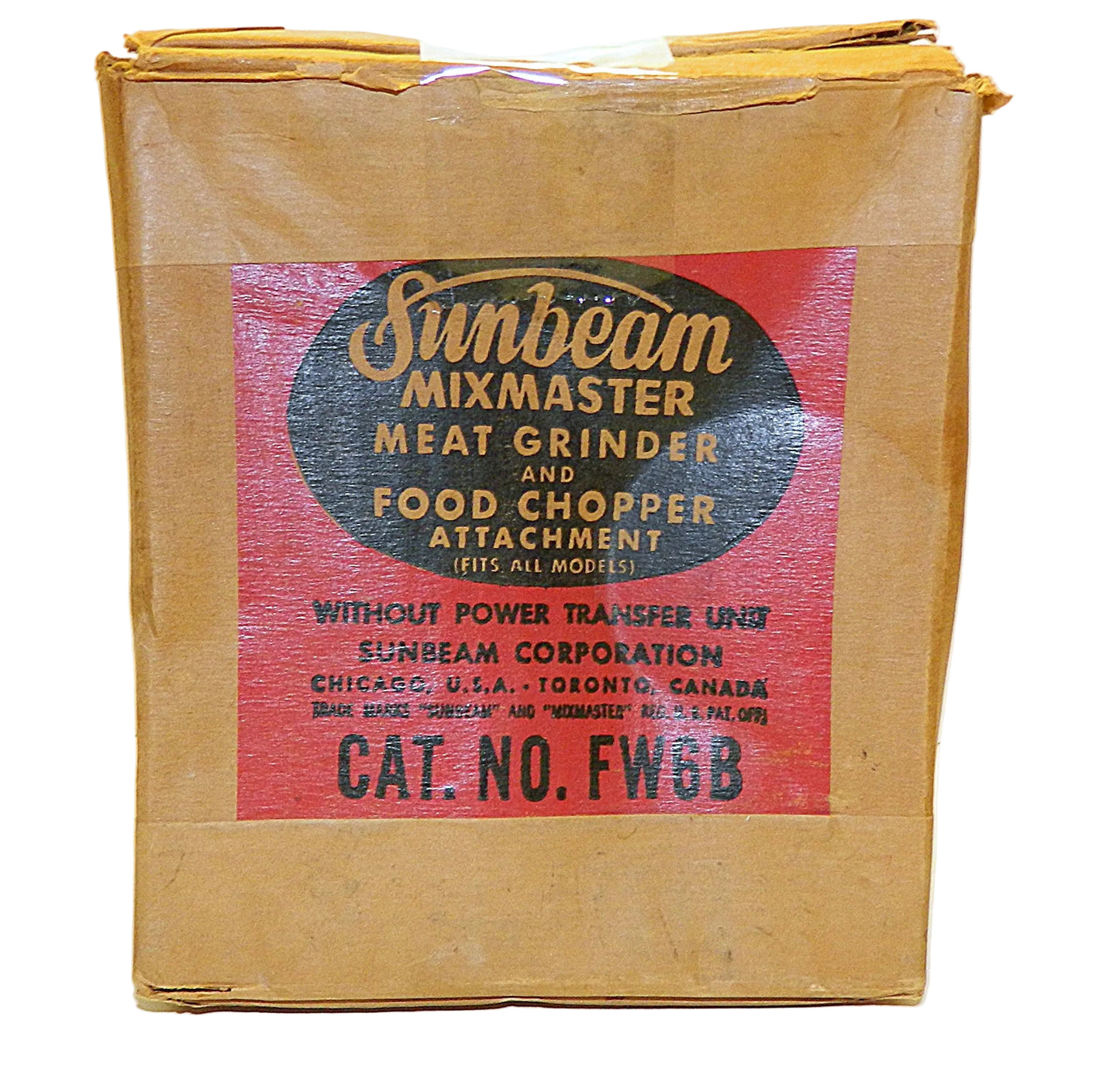 Vintage Sunbeam Mixmaster meat grinder and food chopper attachment box on a white background