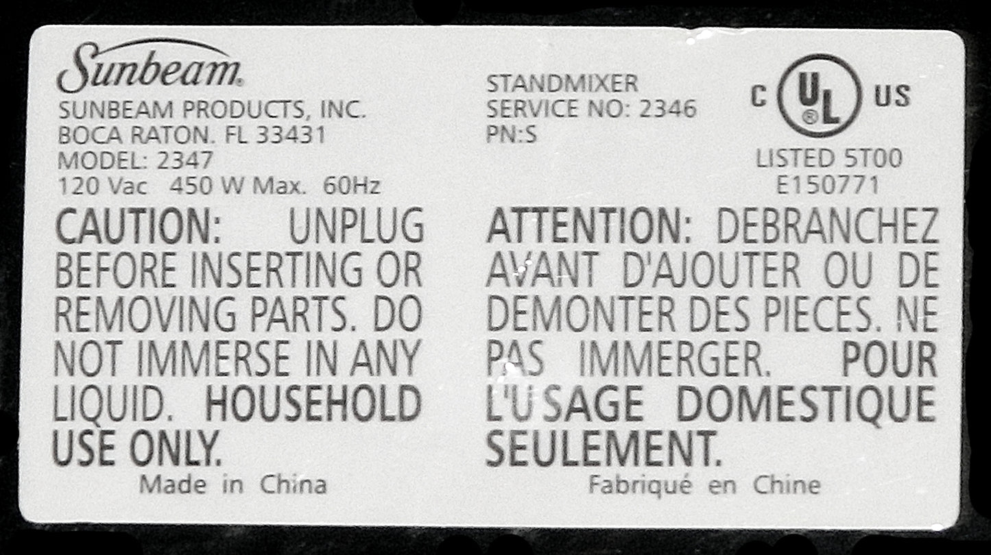 Sunbeam standmixer label with text and certification logos