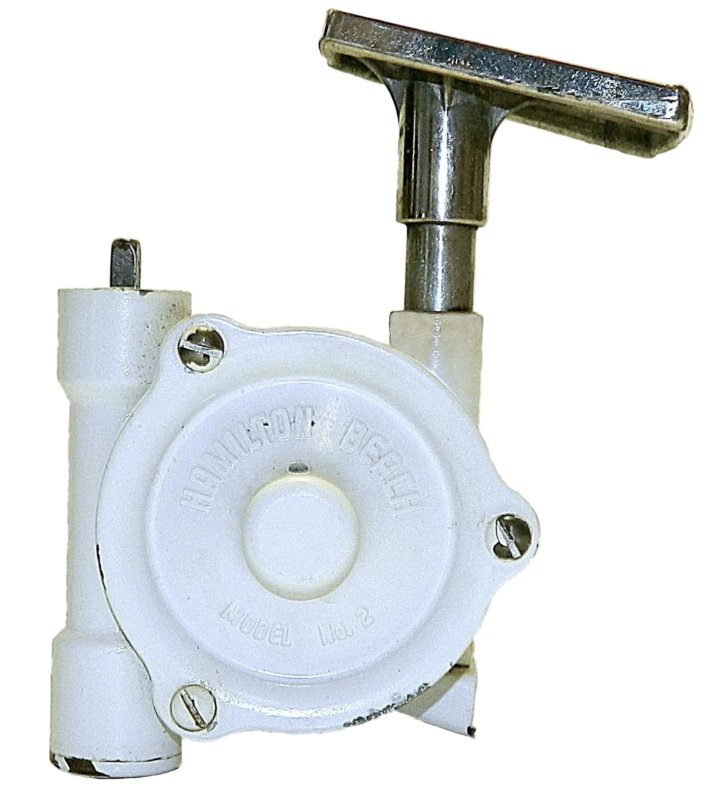 White mechanical component with a metal handle on a white background