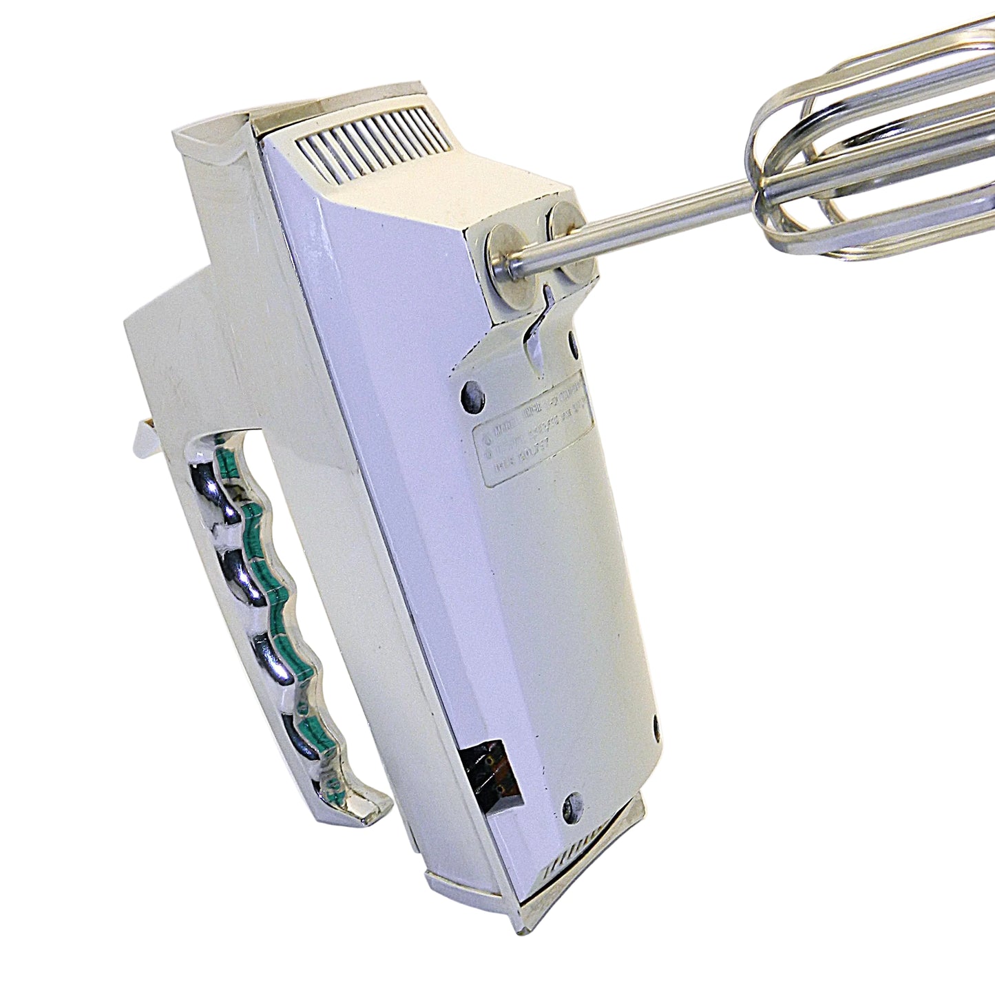 A vintage white electric hand mixer with a silver metal beat attachment, photographed on a plain white background.