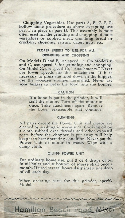 Hamilton Beach Meat Grinder/Food Chopper #4 Instructions For Early Vintage Models (Download)