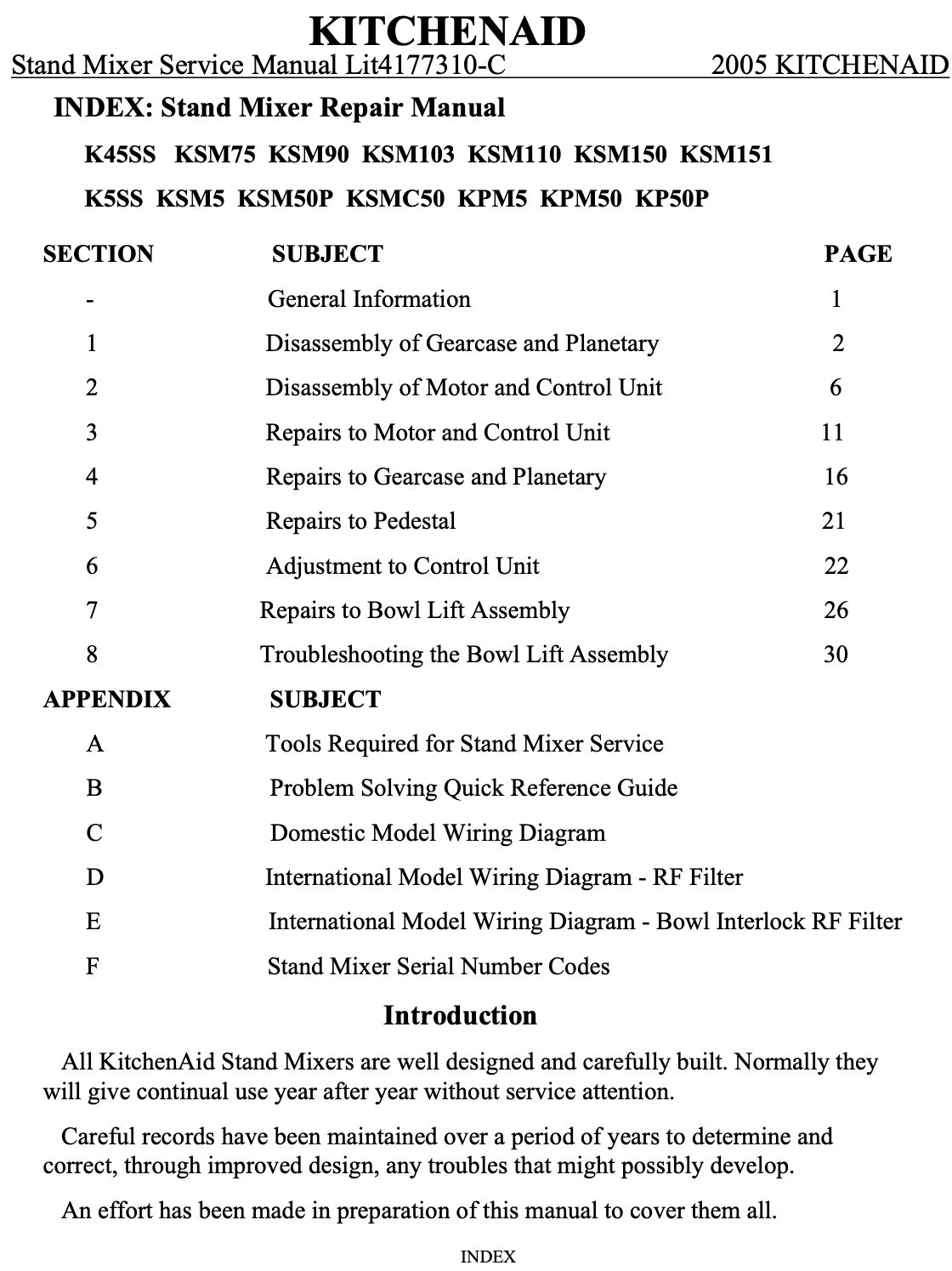 KitchenAid Service Manual For K45SS,KSM90,KPM50 and Many Others - (Download)