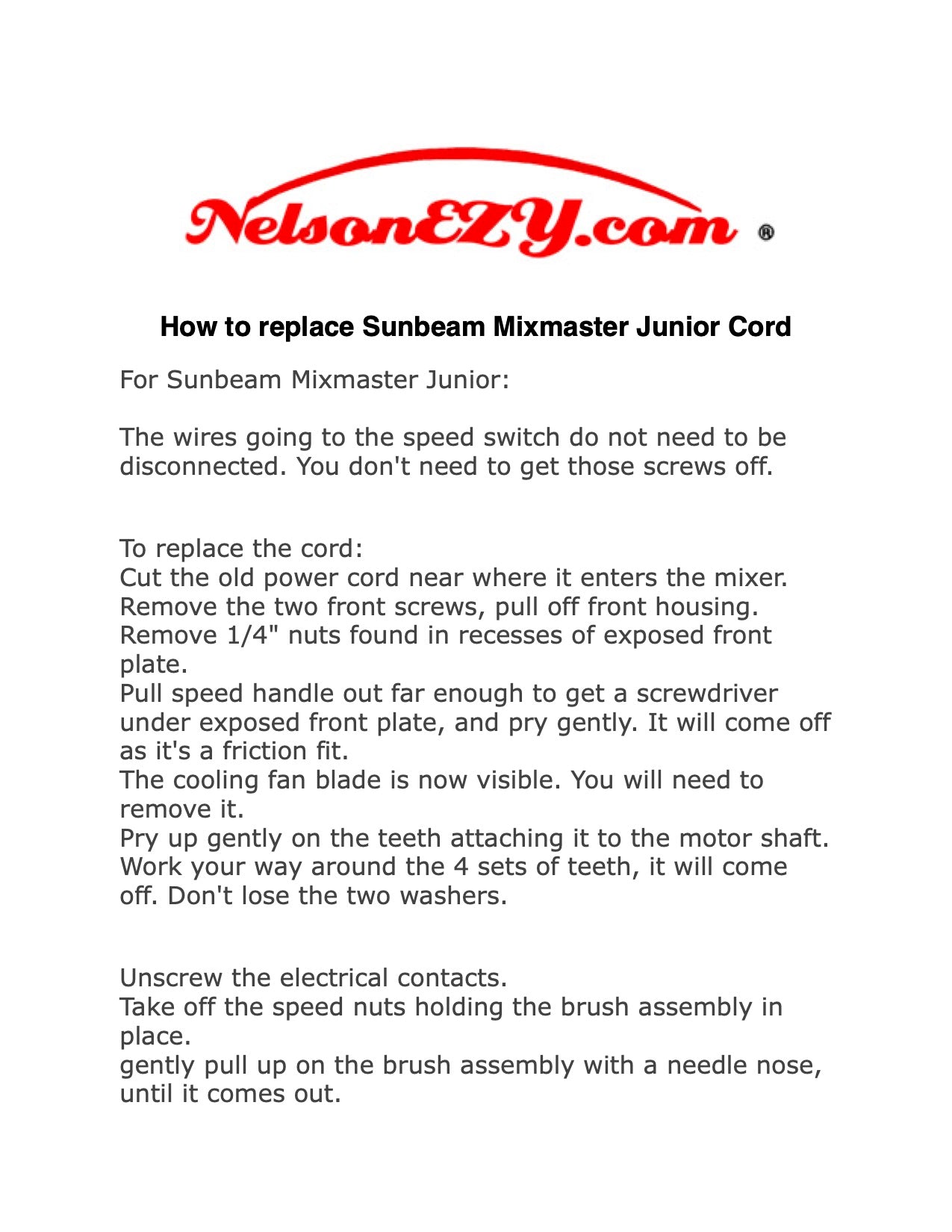 Mixmaster Junior Power Cord Replacement Guide - (Download)
