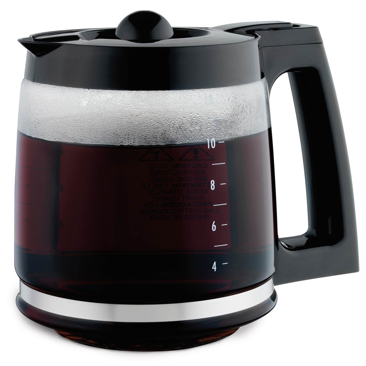 Black coffee maker with glass carafe on a white background
