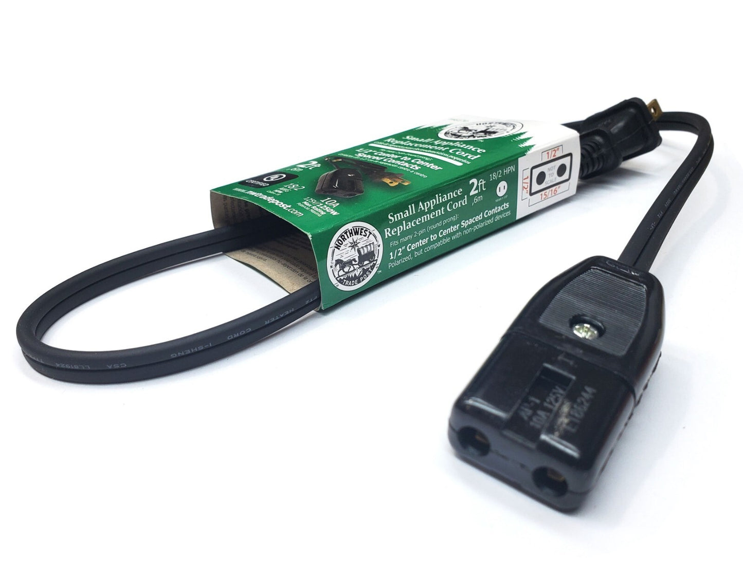 Black electrical cord with packaging on a white background