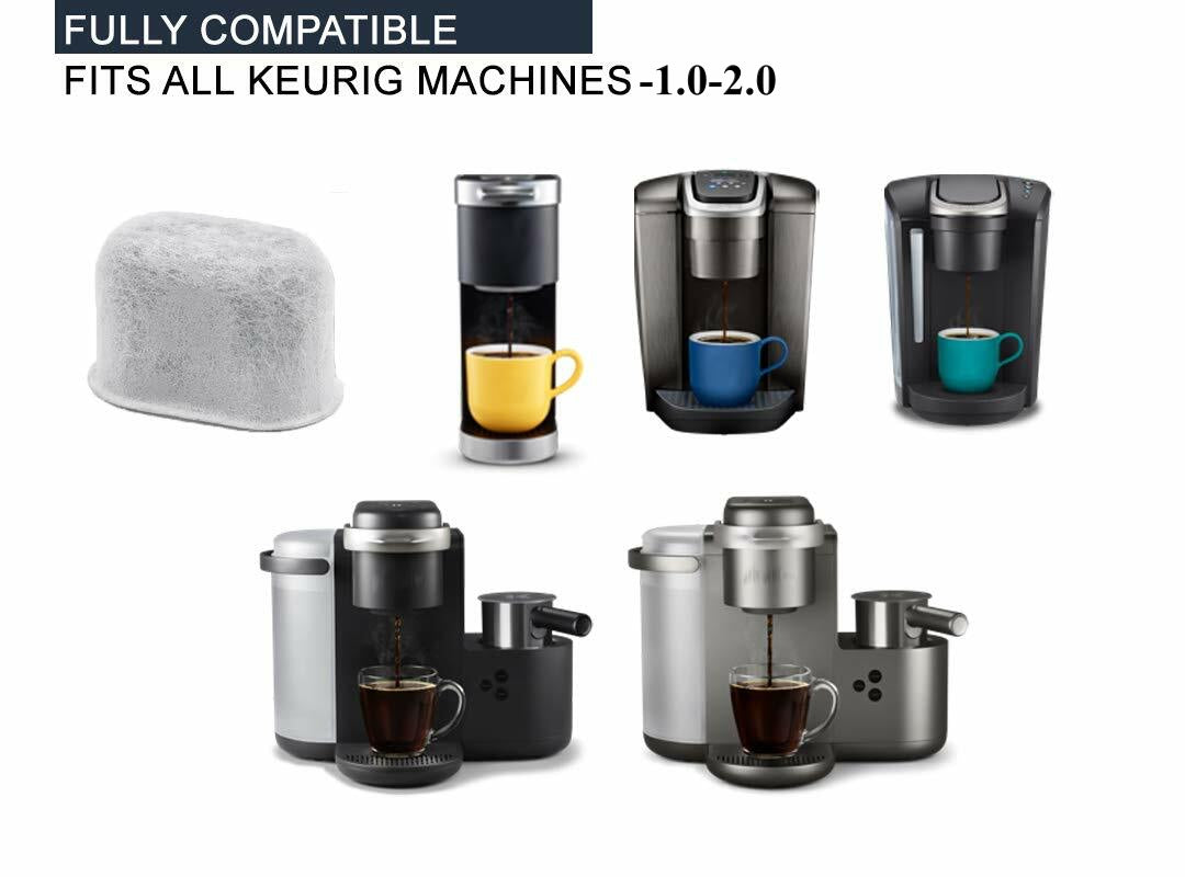 Various Keurig coffee makers with a filter and cups on a white background.
