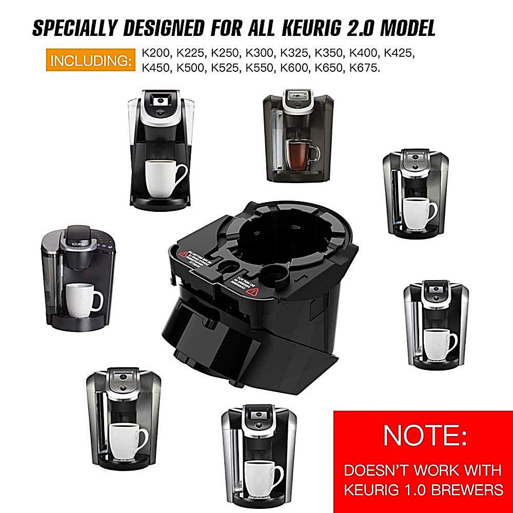 Black coffee brewing device with compatibility list for Keurig 2.0 models on a white background.