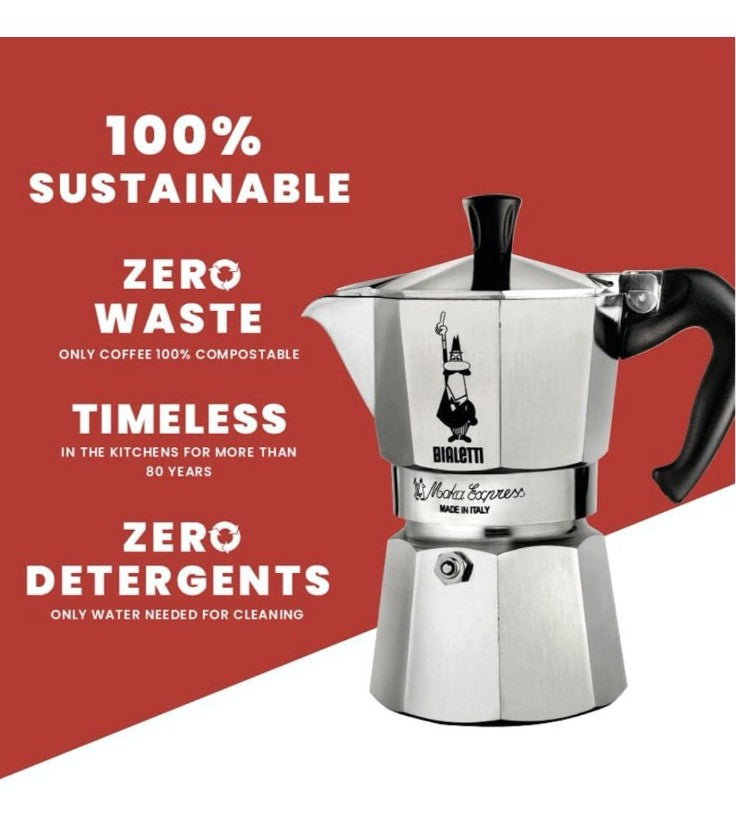 Stainless steel Moka pot with Bialetti logo on a red background with sustainability text.