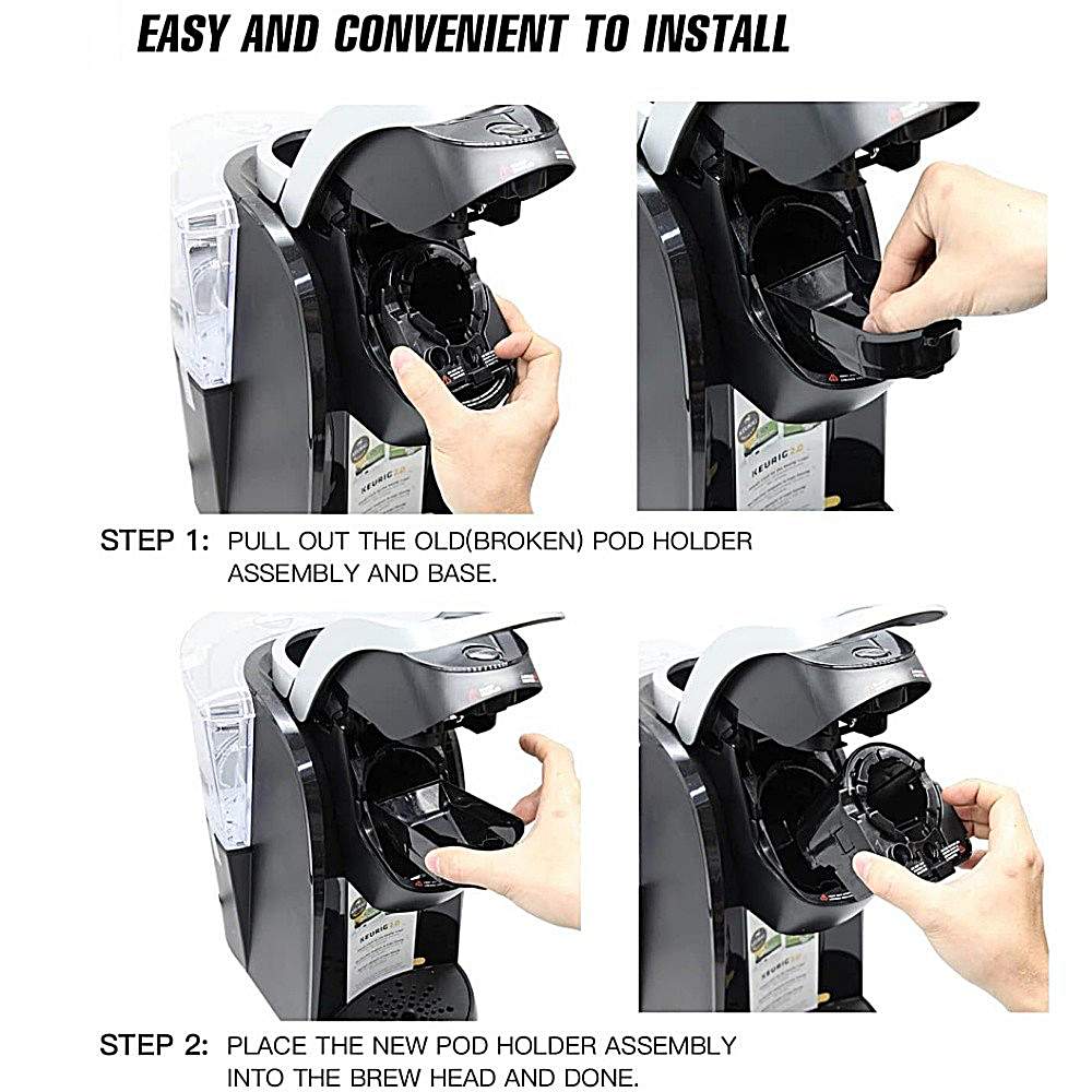 Step-by-step guide on how to install a new pod holder assembly in a coffee machine.