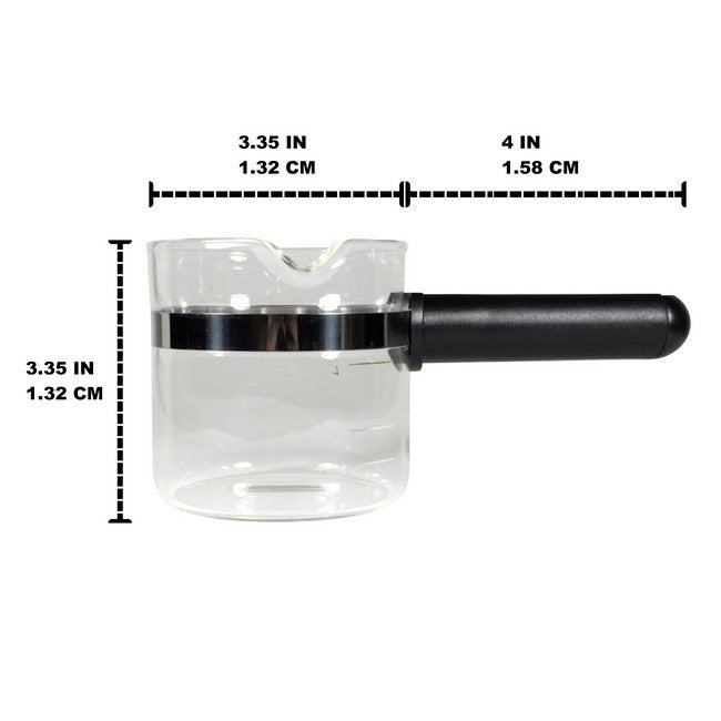 Glass container with black handle and measurements on a white background