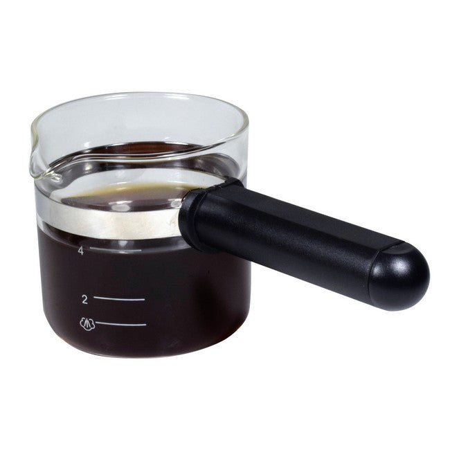 Glass coffee maker with black handle on a white background
