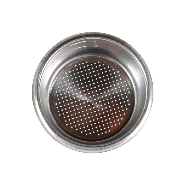 Metallic strainer with perforated design on a white background