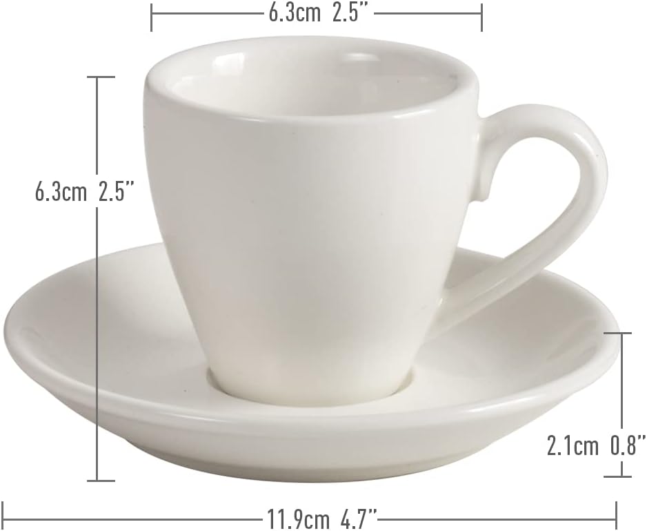 2 Porcelain Espresso Cups with Saucers And Stainless Steel Mini Spoons, 80ml/2.7Oz, Pack of 2, White or Black