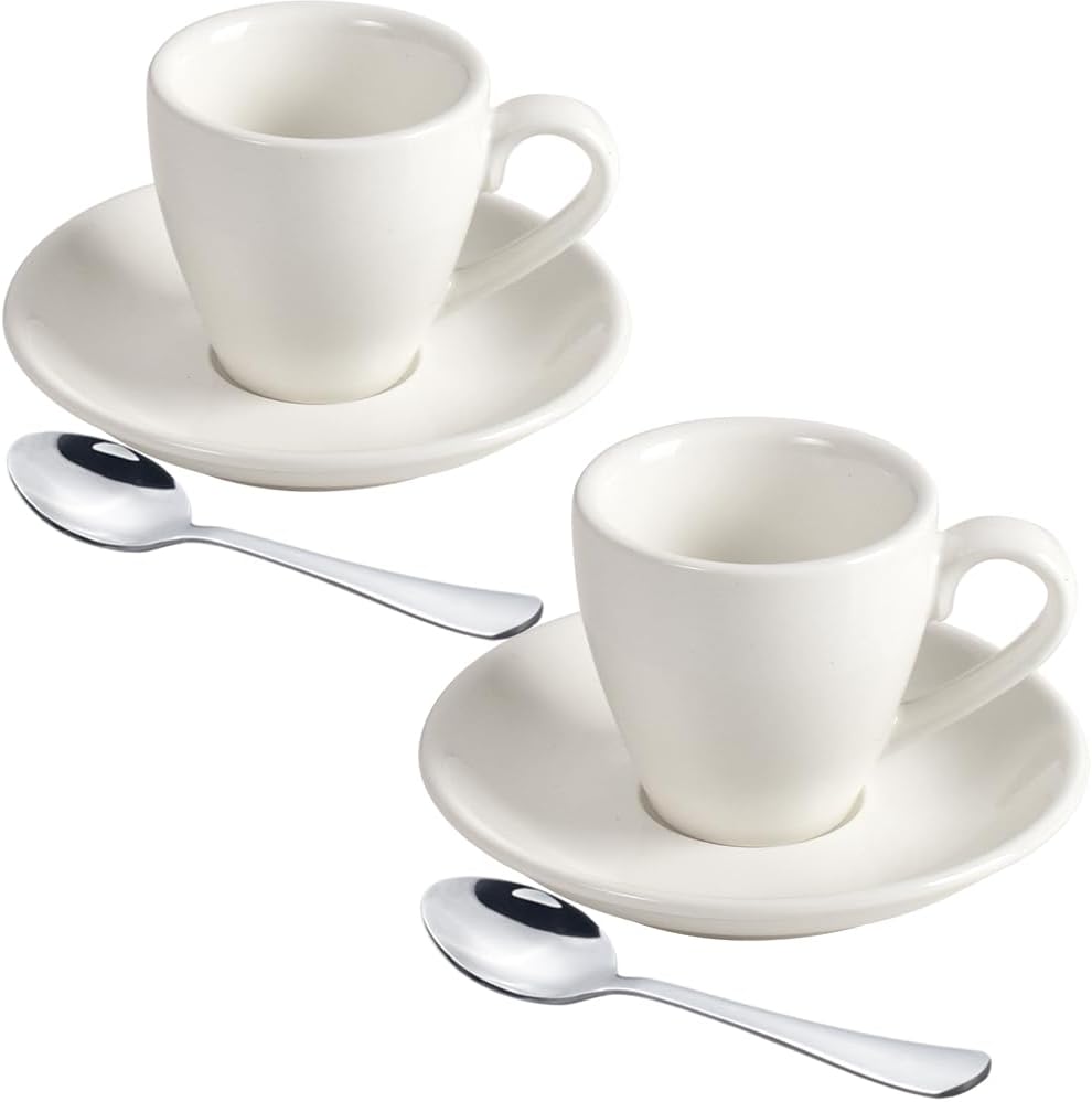 2 Porcelain Espresso Cups with Saucers And Stainless Steel Mini Spoons, 80ml/2.7Oz, Pack of 2, White or Black