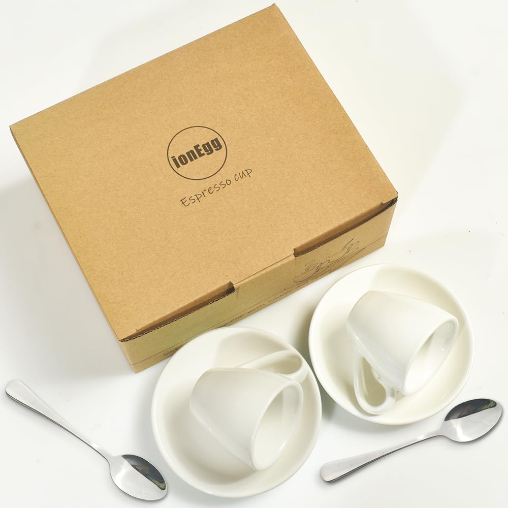 2 Porcelain Espresso Cups with Saucers And Stainless Steel Mini Spoons, 80ml/2.7Oz, Pack of 2, White or Black