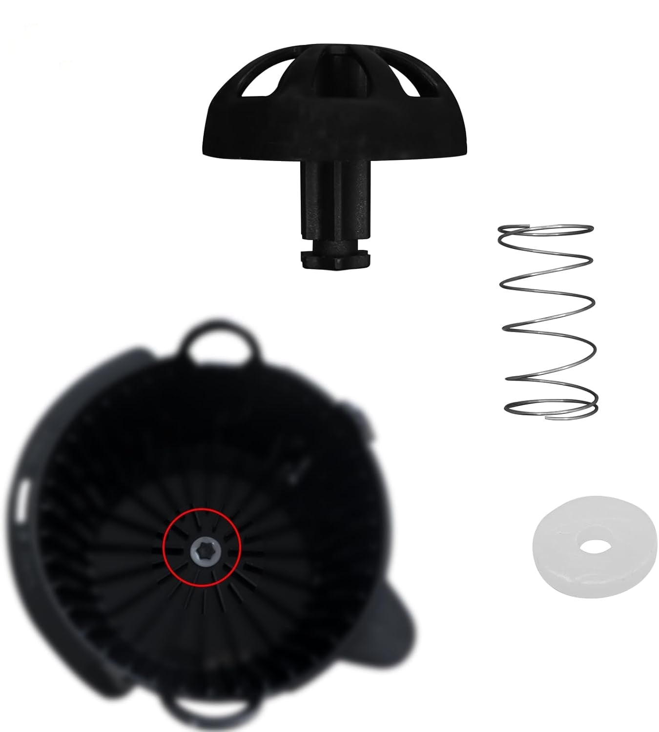 Black plastic replacement basket strainer assembly with a black mesh basket, black top cap, metal coil spring, and a small translucent white disc on a white background.