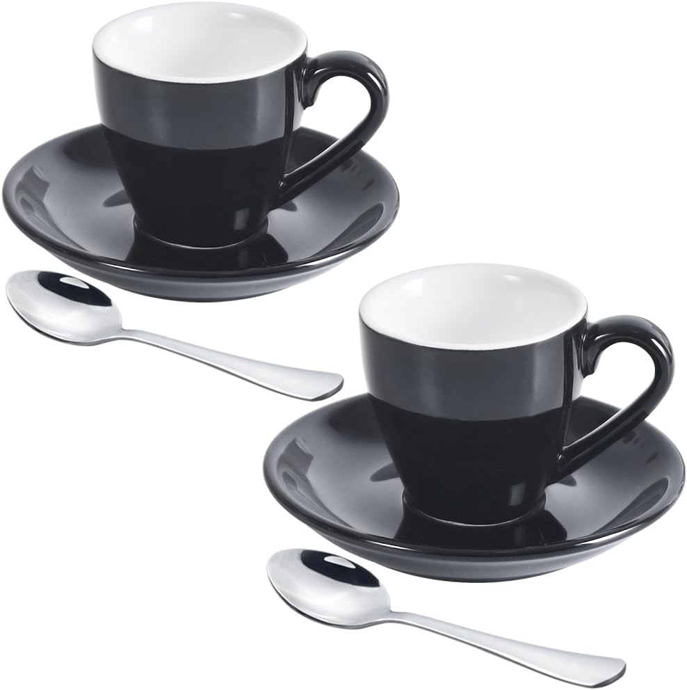 2 Porcelain Espresso Cups with Saucers And Stainless Steel Mini Spoons, 80ml/2.7Oz, Pack of 2, White or Black