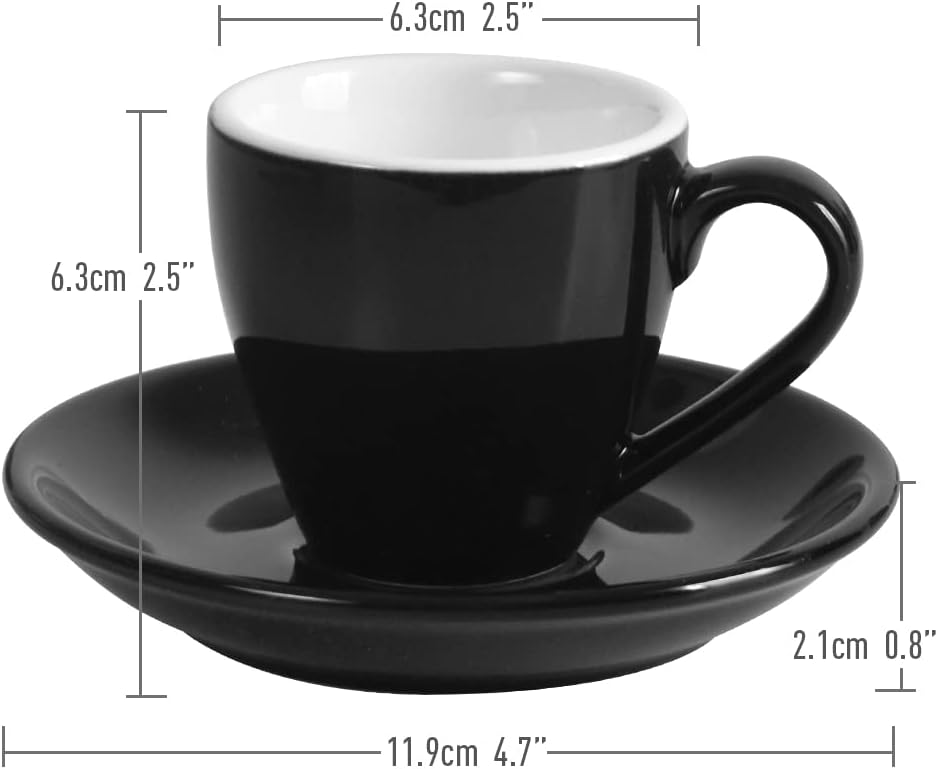 2 Porcelain Espresso Cups with Saucers And Stainless Steel Mini Spoons, 80ml/2.7Oz, Pack of 2, White or Black