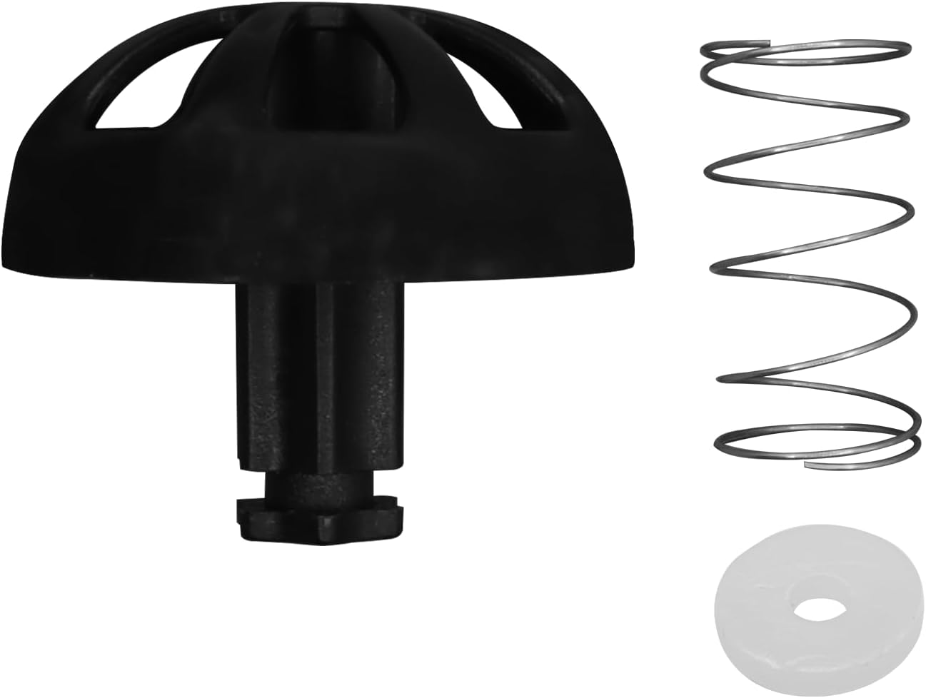 Black plastic component with a spring and white washer on a white background