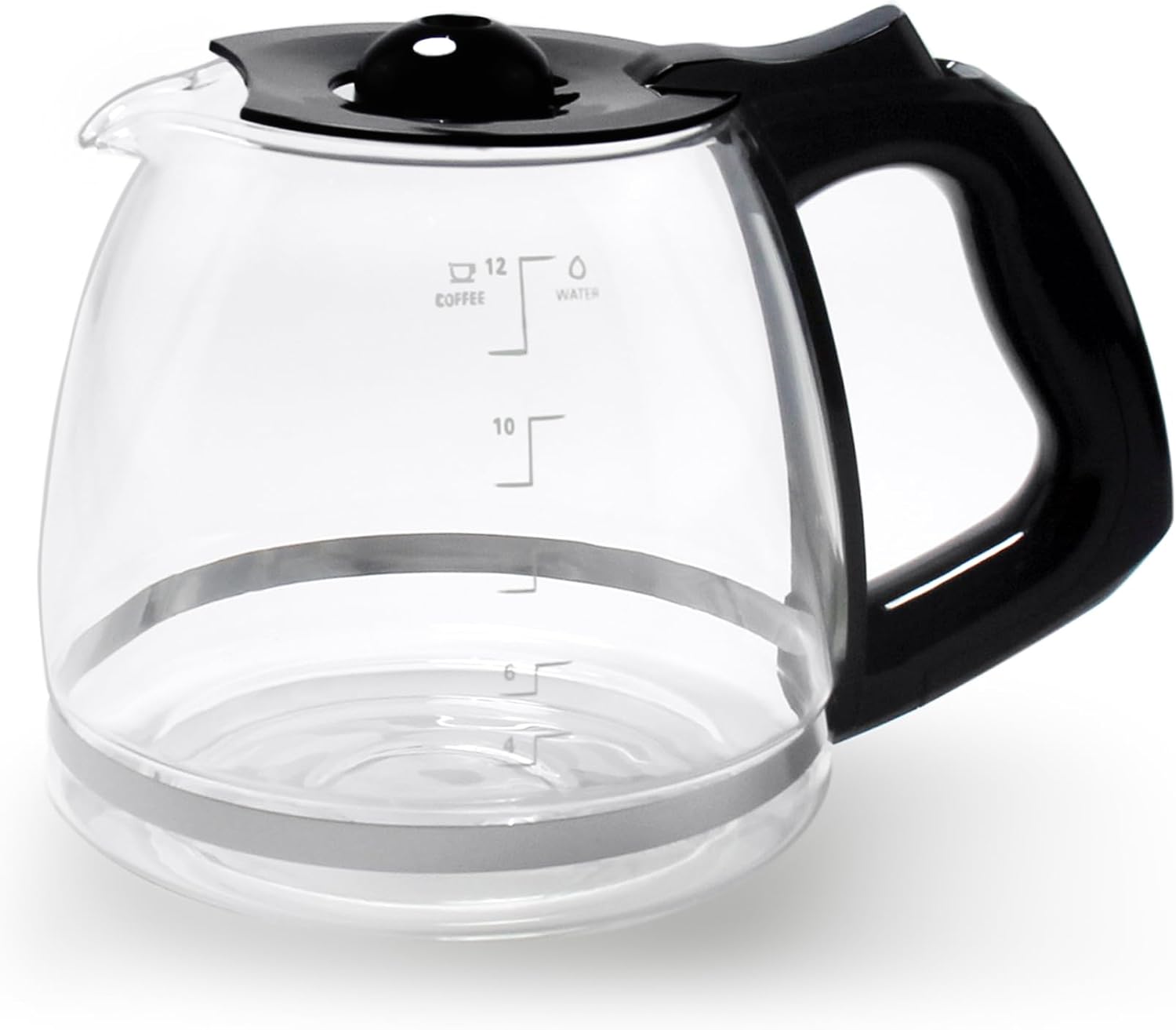 Clear glass coffee pot with black handle and lid on a white background