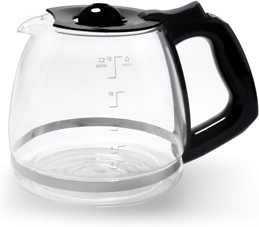 Clear glass coffee pot with black handle and lid on a white background