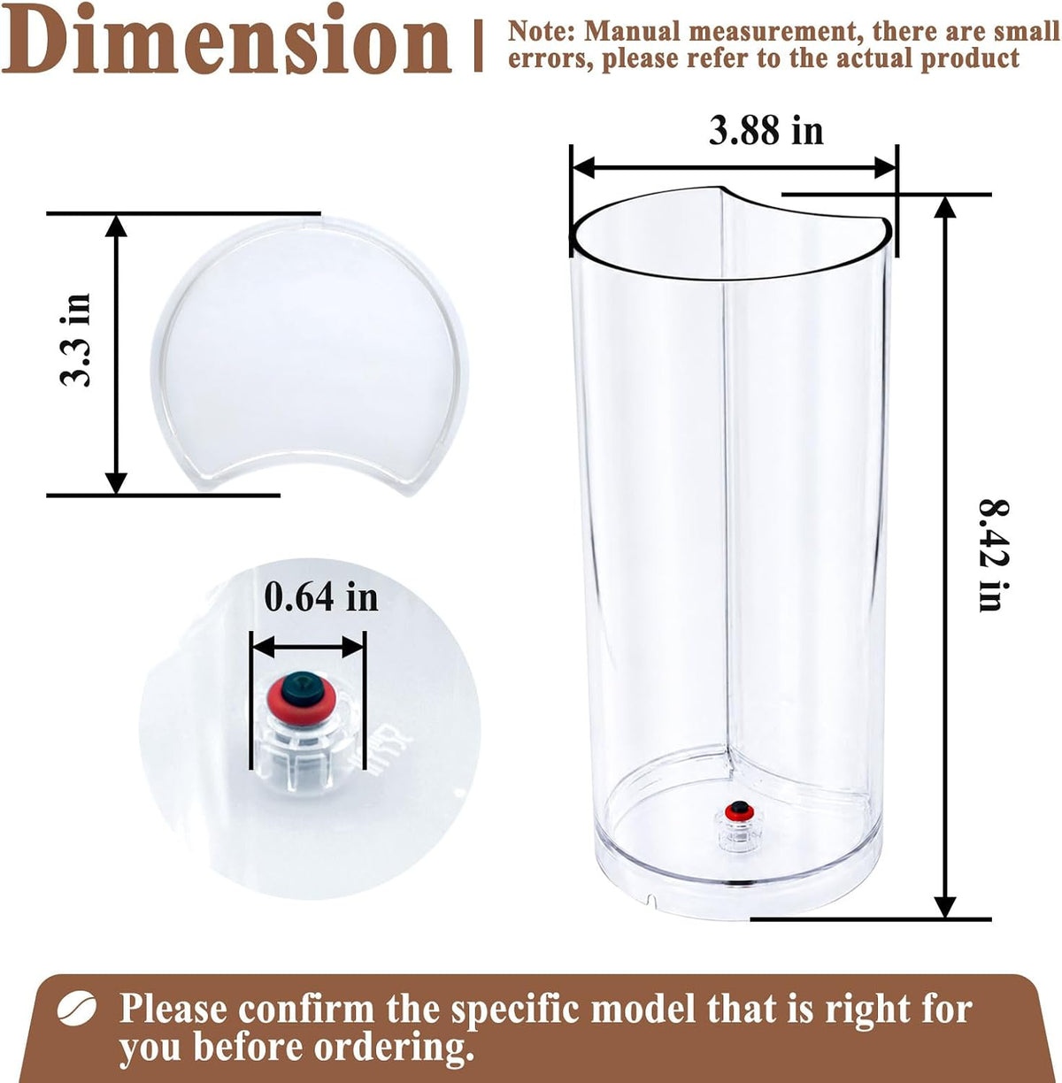 Dimension diagram showing a clear cylindrical container with measurements: 3.88 in diameter at the top, 8.