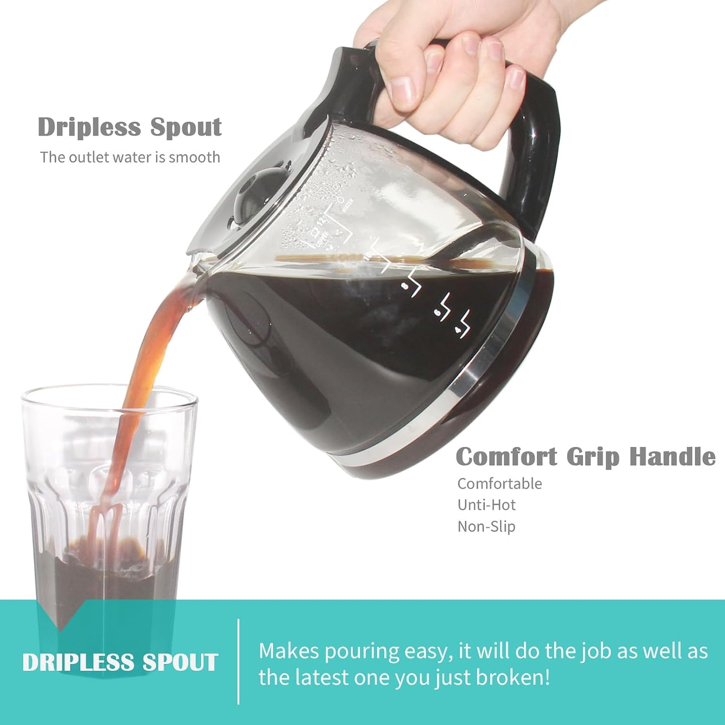Glass carafe with dripless spout being filled with coffee, highlighting features like comfort grip handle and dripless spout.