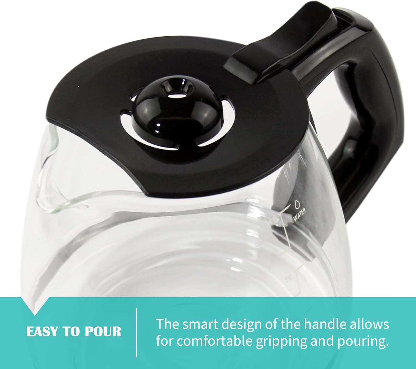 Glass carafe with black lid and handle on a white background