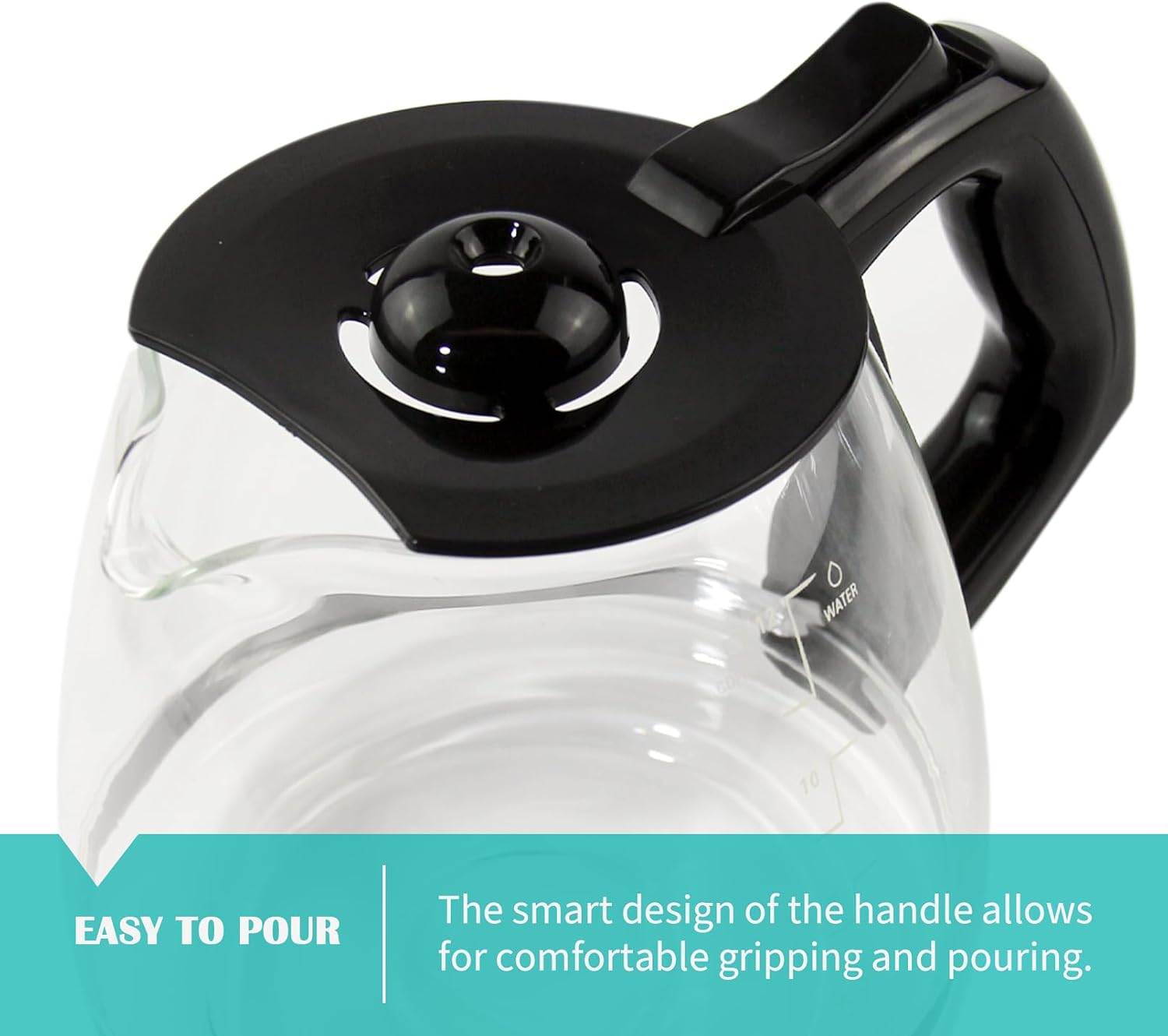 Glass carafe with black lid and handle on a white background