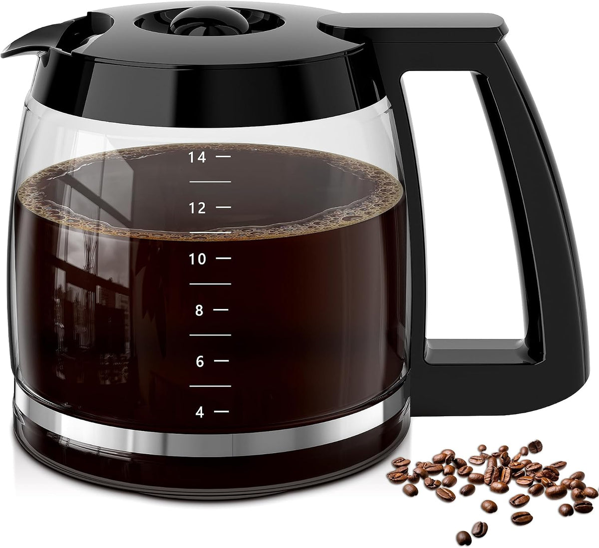 Black coffee maker with glass carafe filled with coffee and coffee beans on a white background