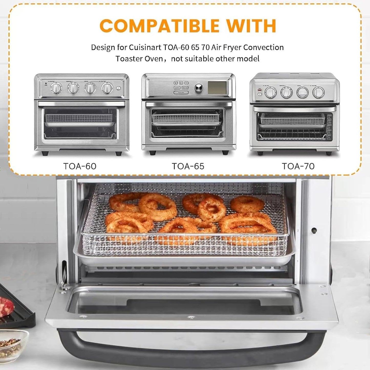 A stainless steel countertop air fryer/toaster oven shown open with a basket of fried onion rings inside. Above it is a compatibility graphic reading 'COMPATIBLE WITH' and showing model labels TOA-60, TOA-65, and TOA-70 for Cuisinart air fryers.