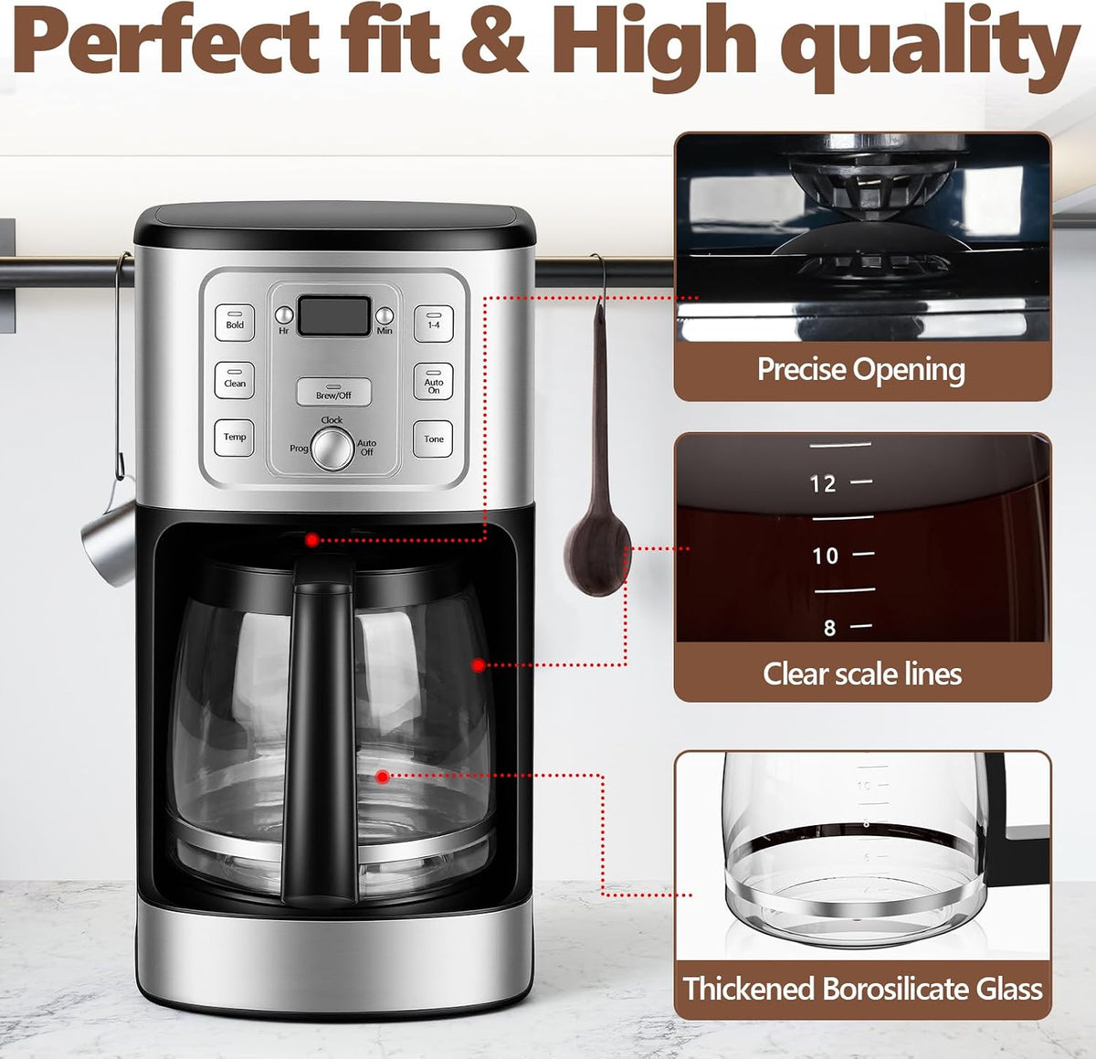 Coffee maker with features highlighted on a white background