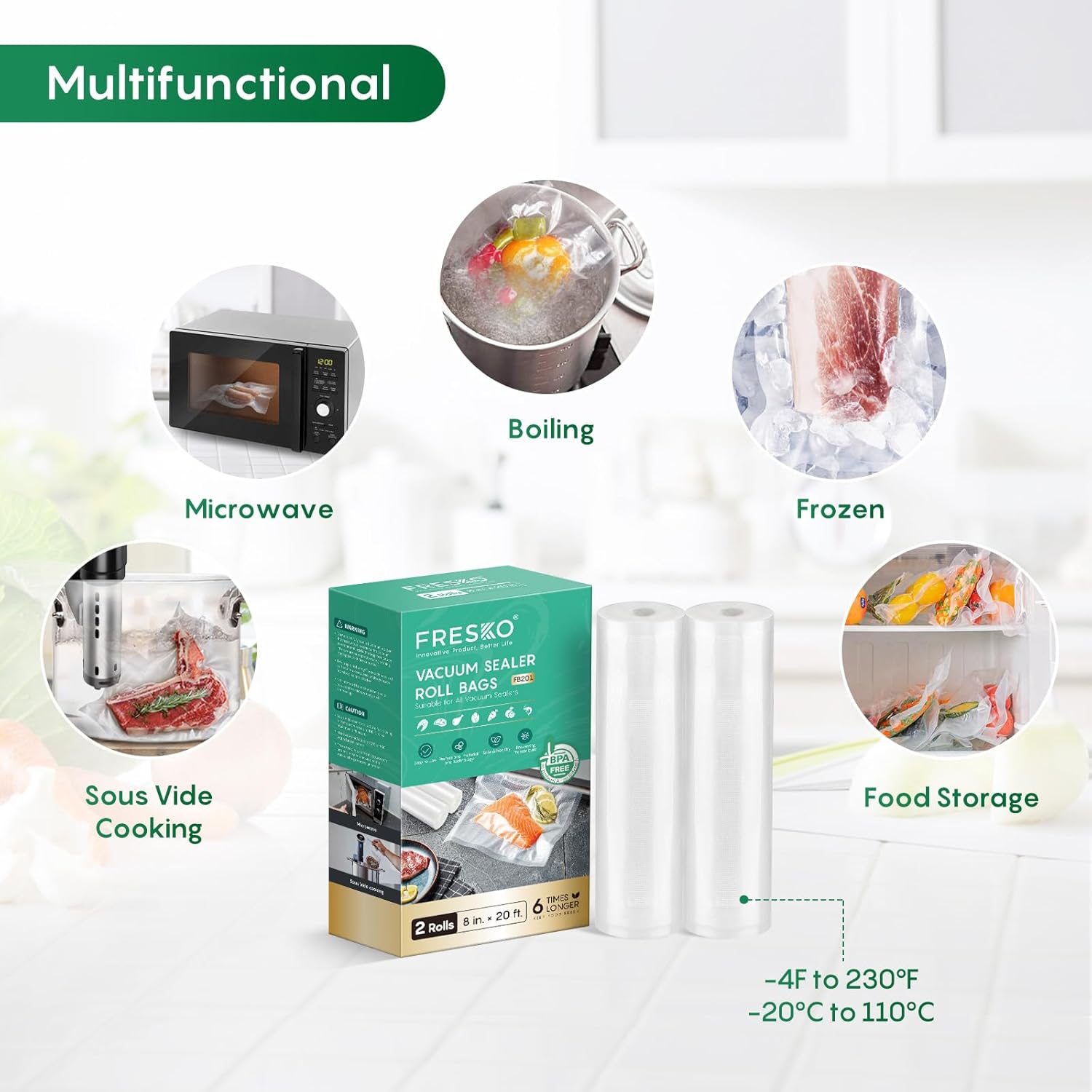 Fresko vacuum sealer roll bags packaging with usage scenarios on a white background