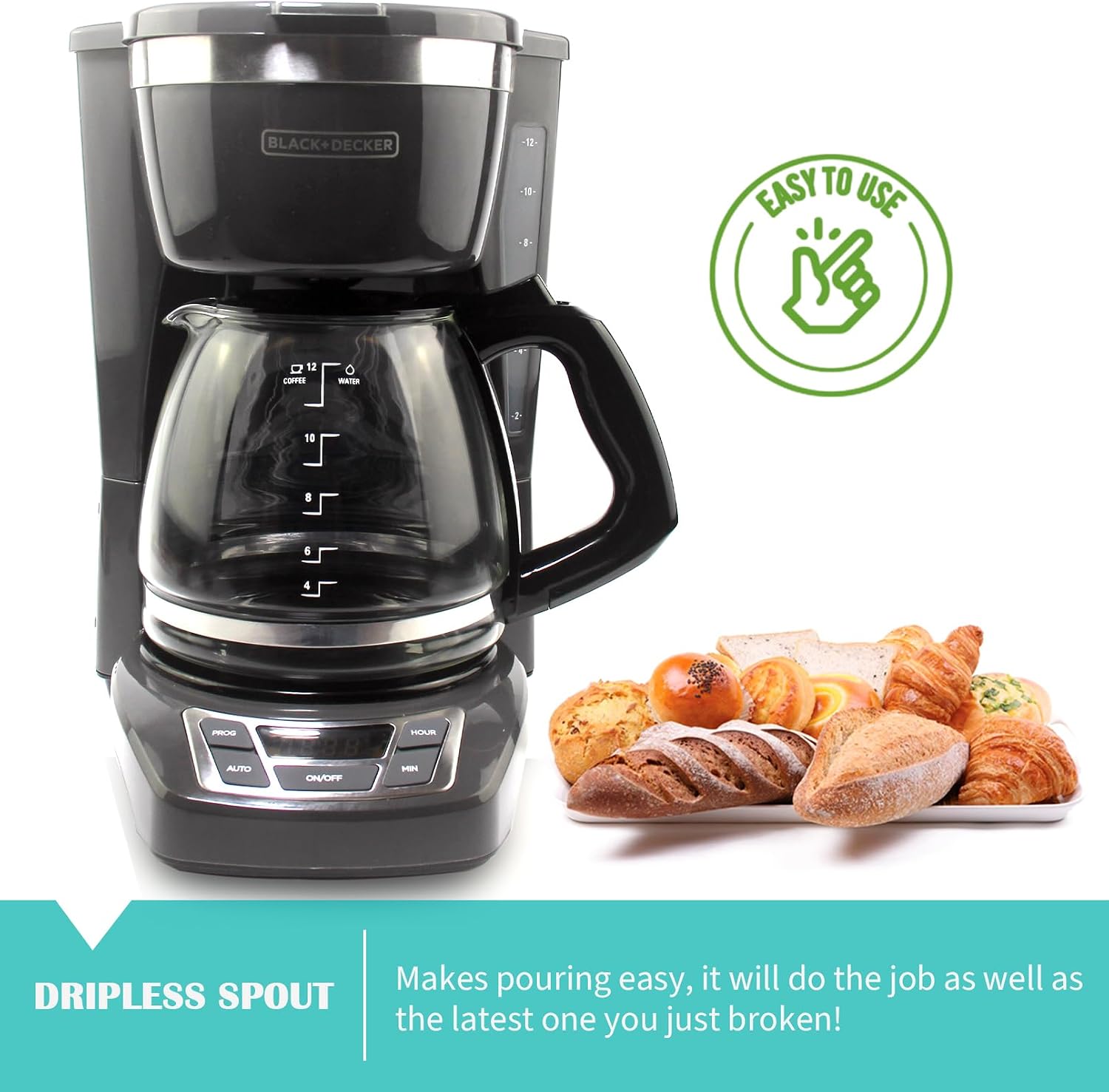 Black and Decker coffee maker with a plate of pastries on a white background