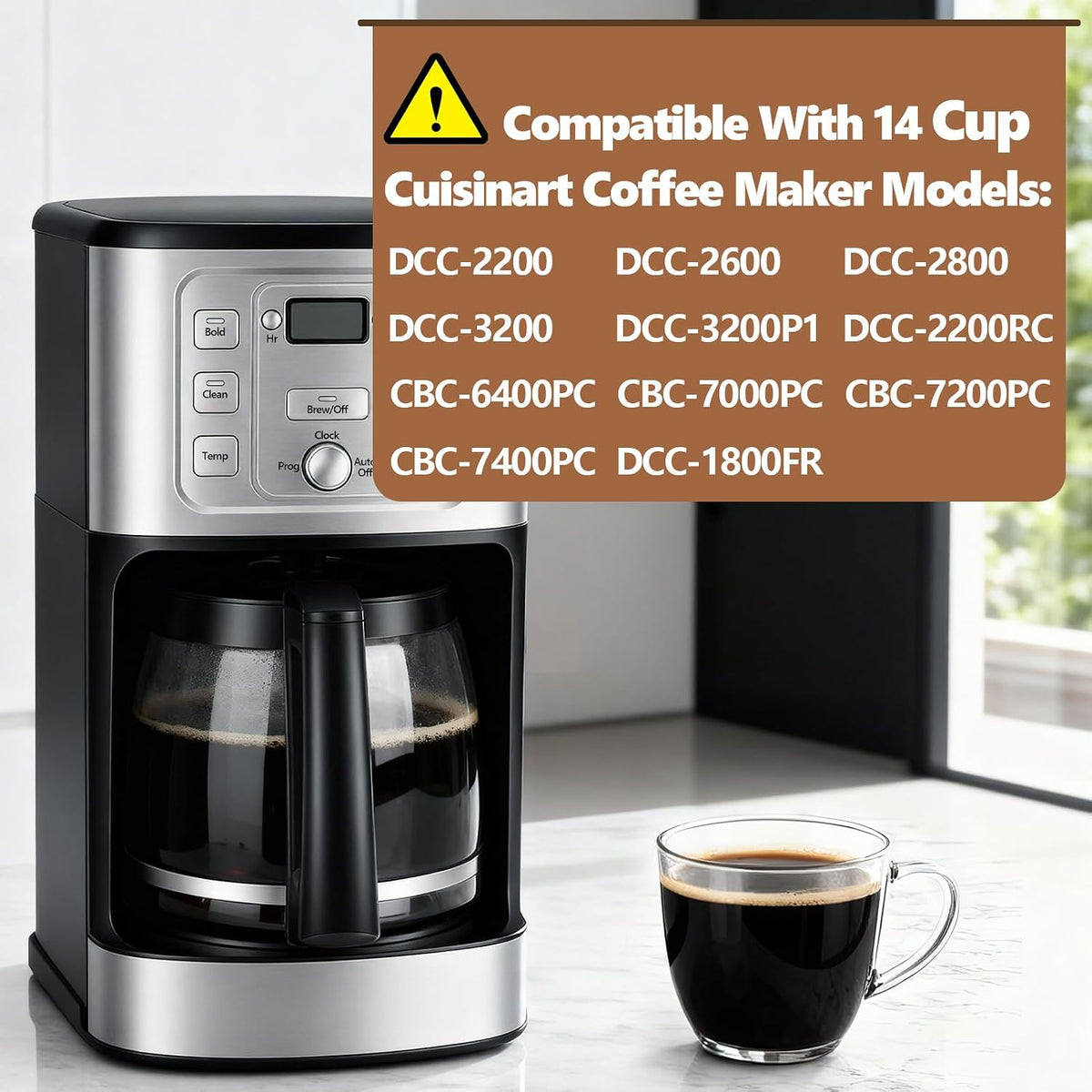 A countertop coffee maker with a glass carafe and black coffee inside, shown next to a glass cup of black coffee. A brown compatibility overlay box with a yellow warning icon lists compatible Cuisinart coffee maker models.