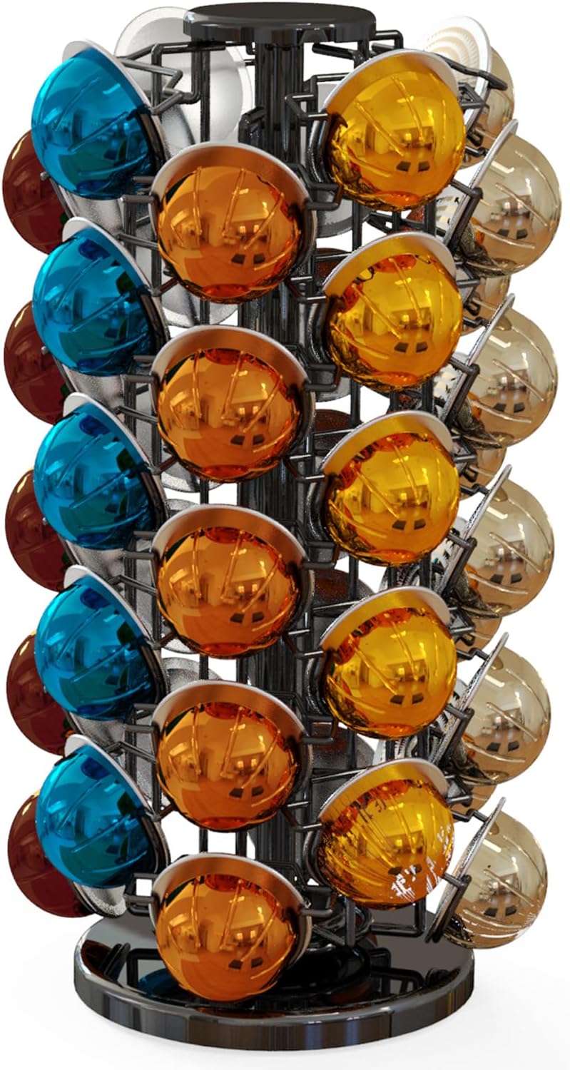 Stack of colorful coffee capsules in a metal display stand