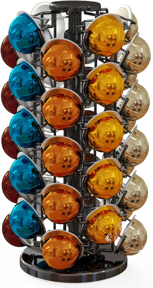 Stack of colorful coffee capsules in a metal display stand