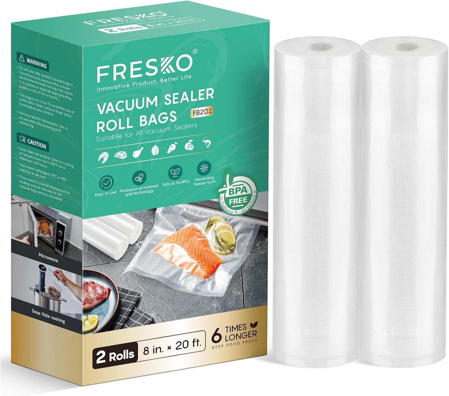 Fresko vacuum sealer roll bags packaging with two rolls displayed.