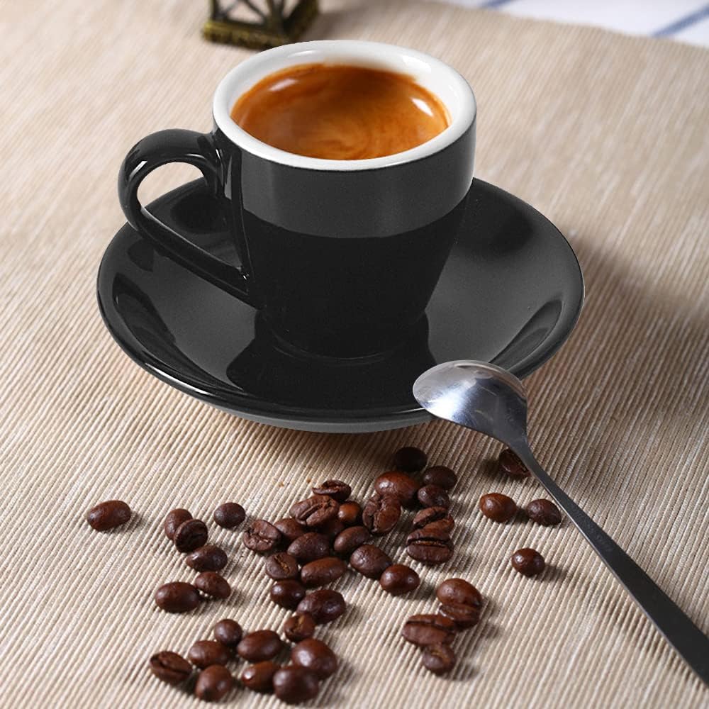 2 Porcelain Espresso Cups with Saucers And Stainless Steel Mini Spoons, 80ml/2.7Oz, Pack of 2, White or Black