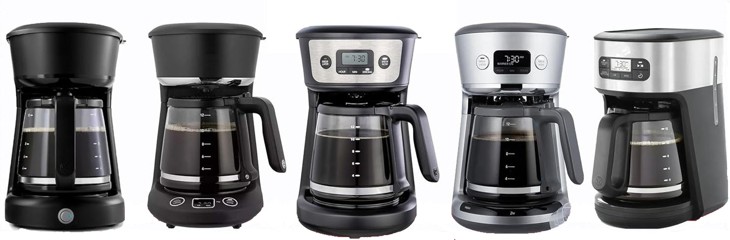 Five coffee makers of different models arranged in a row.