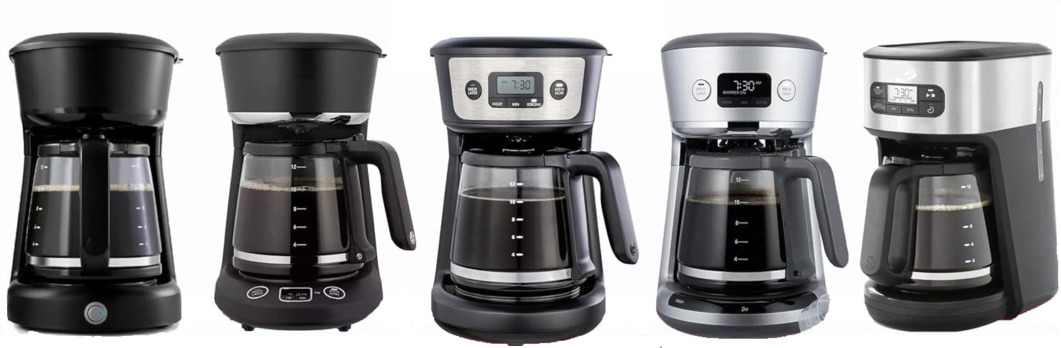 Five coffee makers of different models arranged in a row.